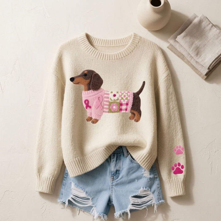Women's Dachshund Print Knit Sweater Relaxed Crew-Neck Pullover - Beige