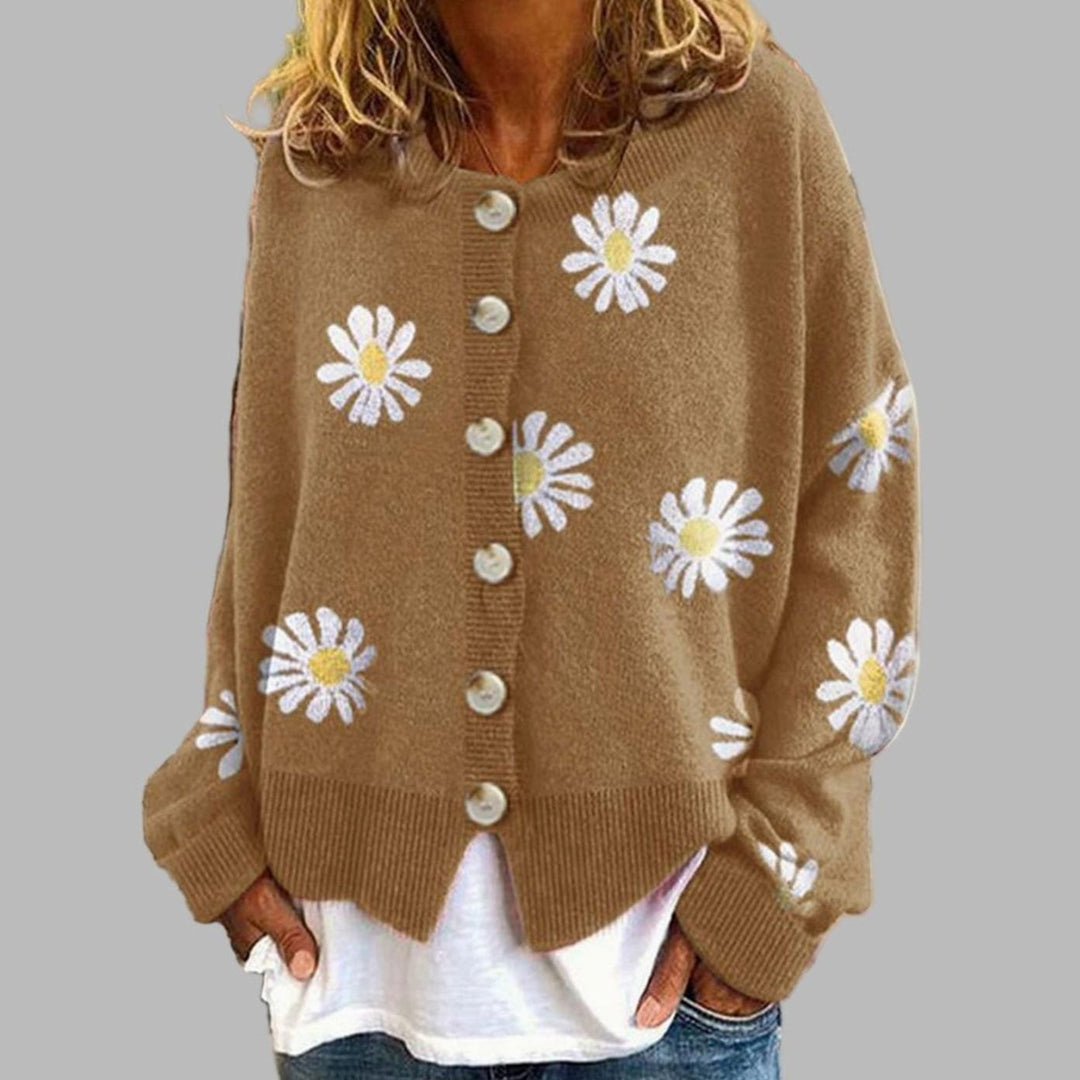 Women's Daisy Embroidered Button-Front Knit Cardigan - Khaki