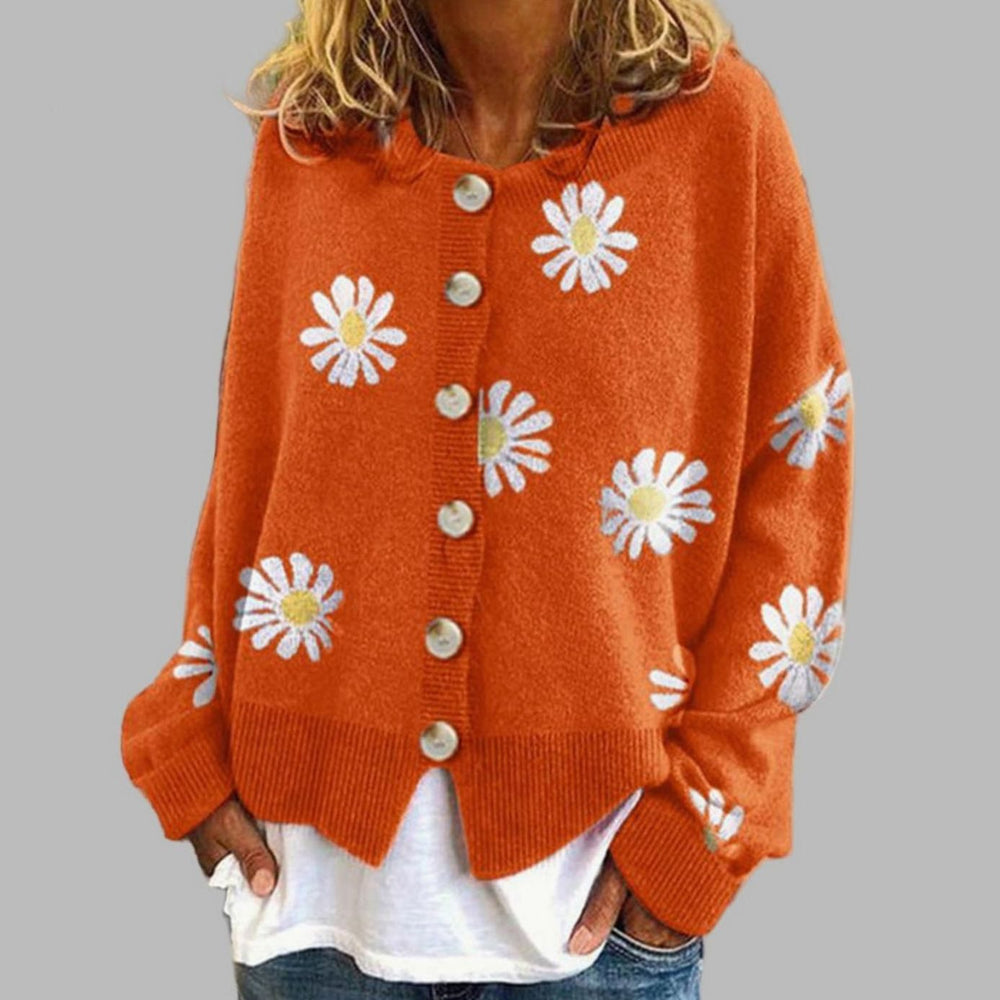 Women's Daisy Embroidered Button-Front Knit Cardigan - Orange