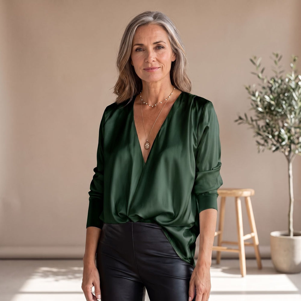 Women's Deep V-Neck Long-Sleeve Draped Satin Blouse - Green