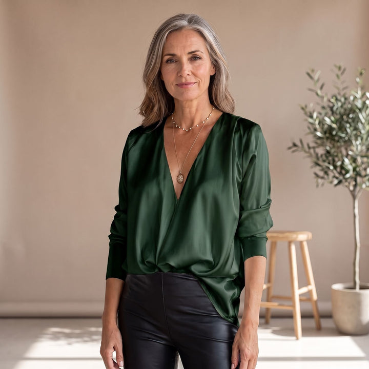 Women's Deep V-Neck Long-Sleeve Draped Satin Blouse - Green