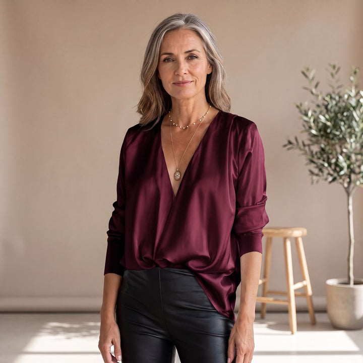 Women's Deep V-Neck Long-Sleeve Draped Satin Blouse - Burgundy