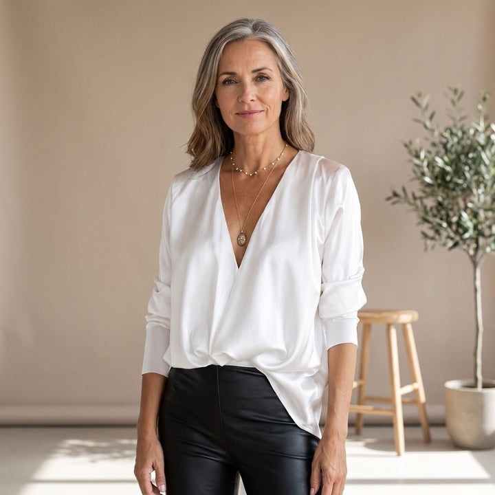 Women's Deep V-Neck Long-Sleeve Draped Satin Blouse - White