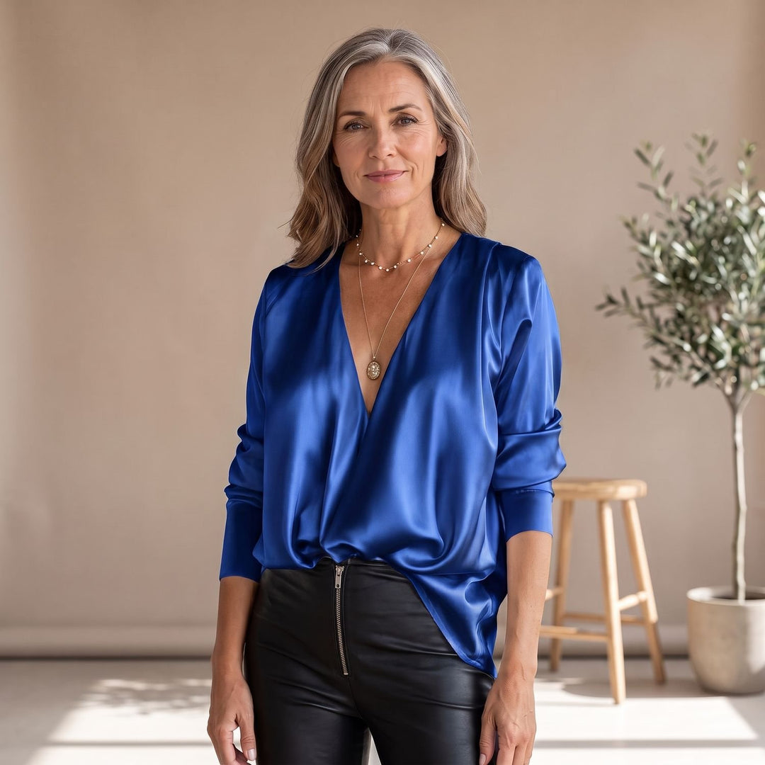 Women's Deep V-Neck Long-Sleeve Draped Satin Blouse - Blue