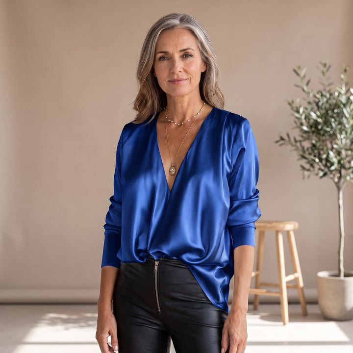 Women's Deep V-Neck Long-Sleeve Draped Satin Blouse - Blue