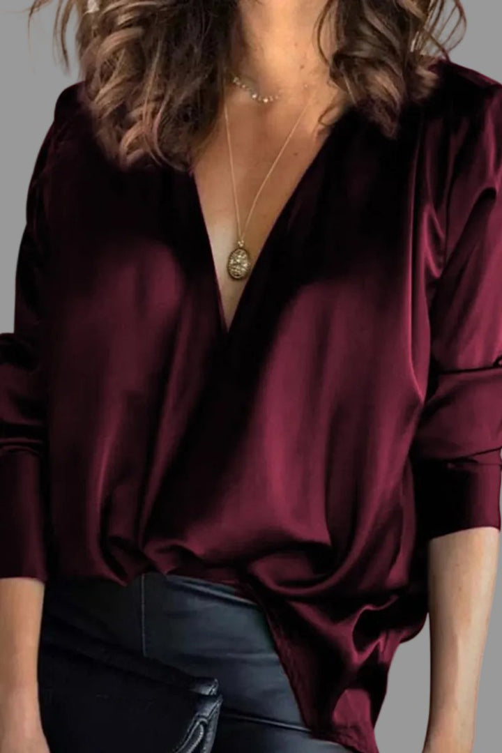 Women's Deep V-Neck Satin Long Sleeve Draped Blouse - Burgundy