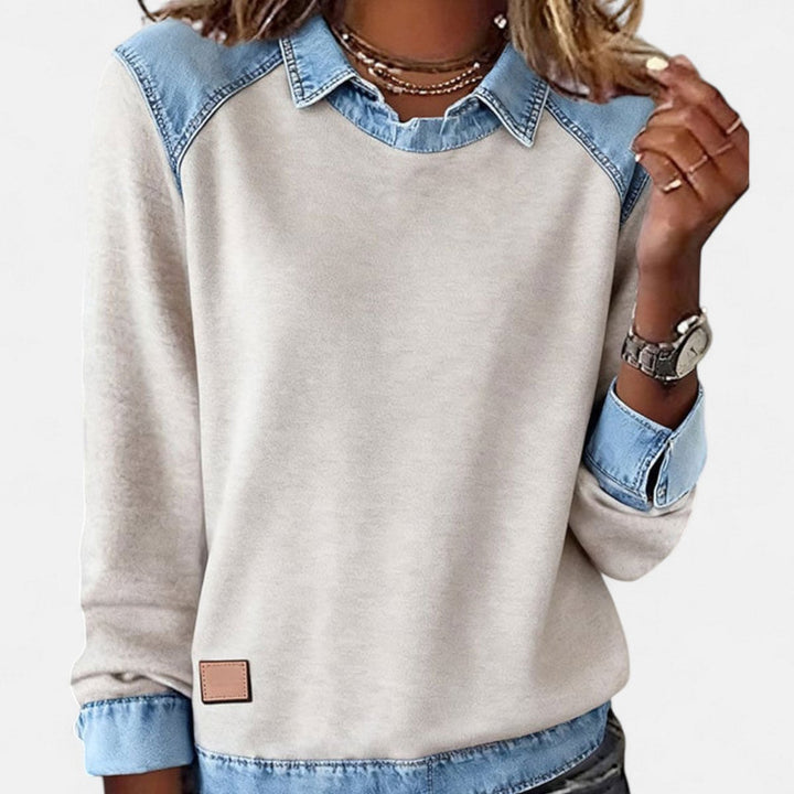 Women's Denim Collar Long Sleeve Knit Sweater Top - Beige