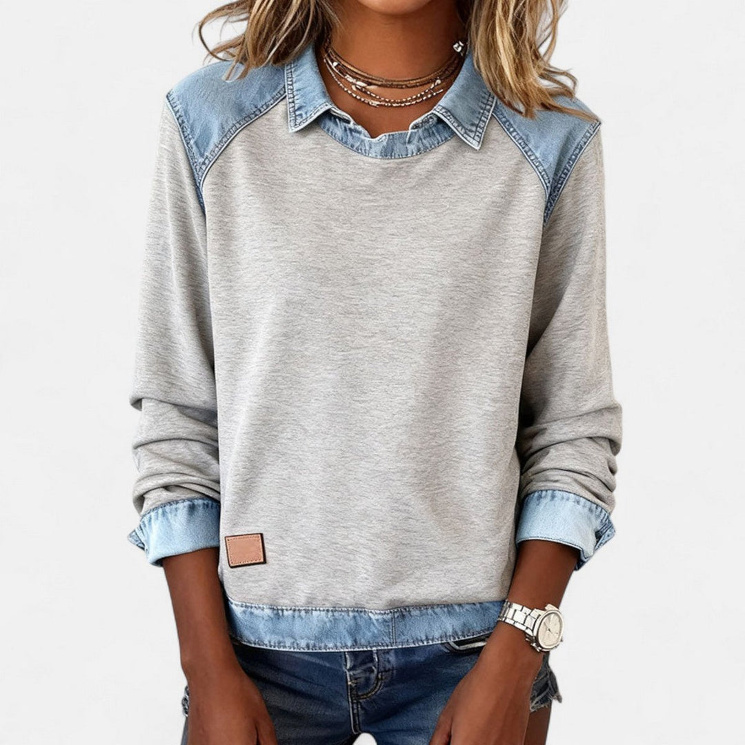 Women's Denim Collar Long Sleeve Knit Sweater Top