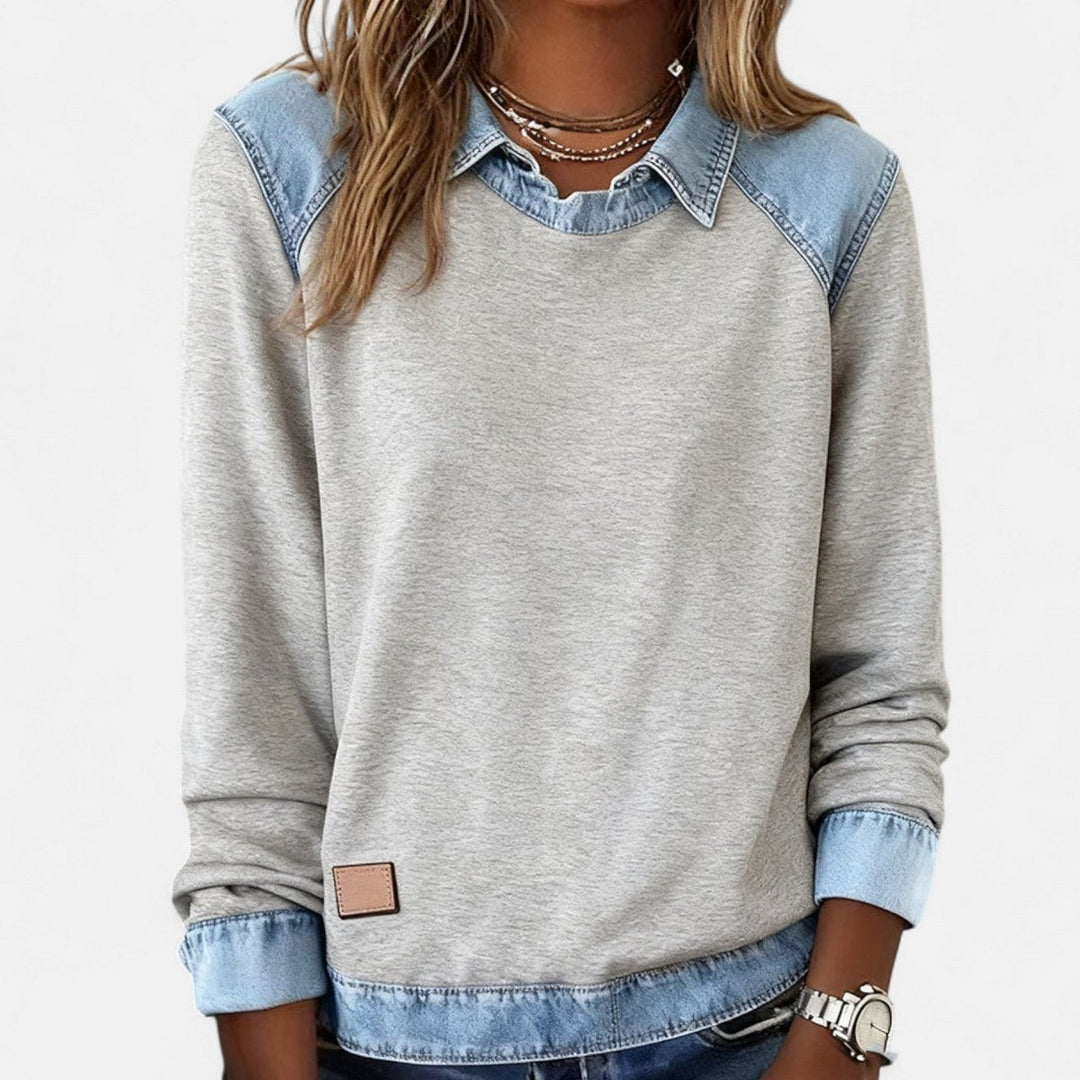 Women's Denim Collar Long Sleeve Knit Sweater Top