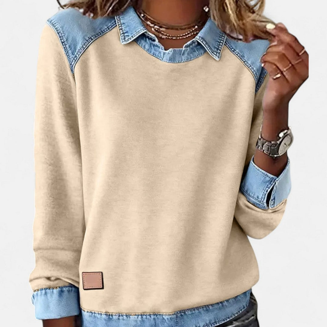 Women's Denim Collar Long Sleeve Knit Sweater Top - Khaki