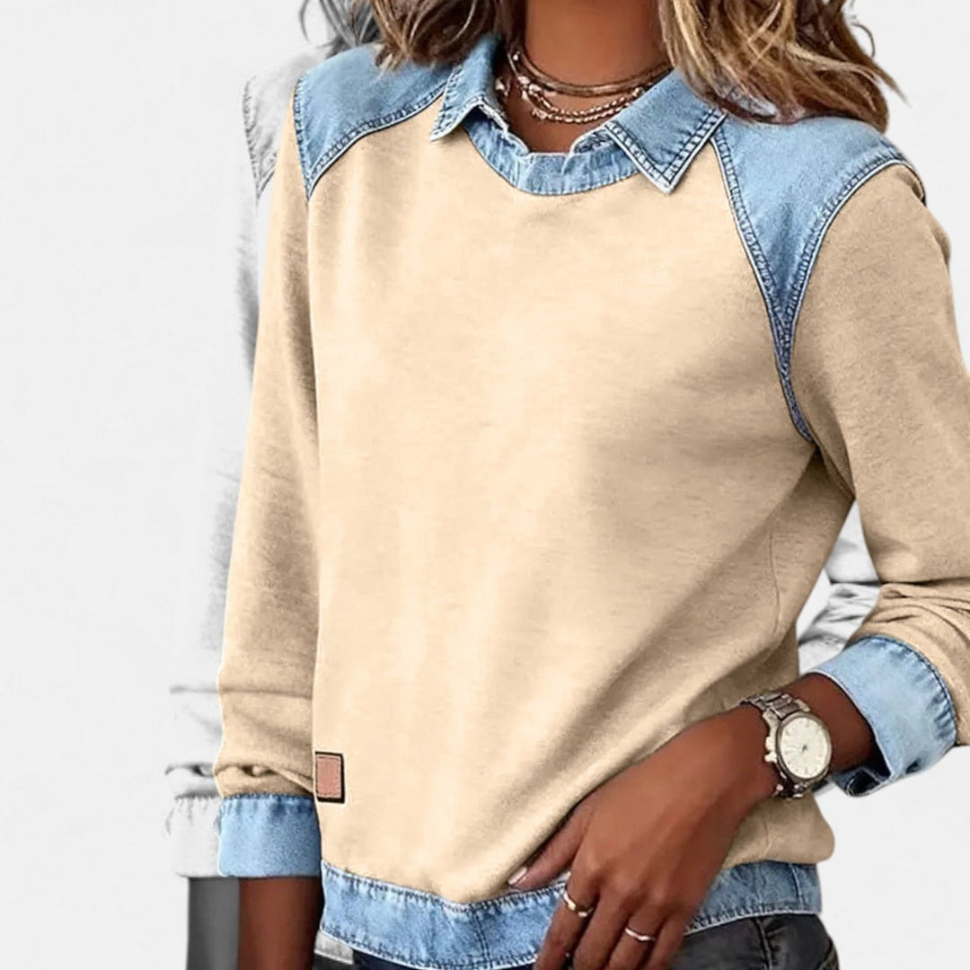 Women's Denim Collar Long Sleeve Knit Sweater Top