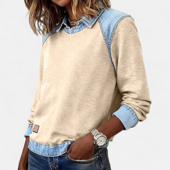 Women's Denim Collar Long Sleeve Knit Sweater Top