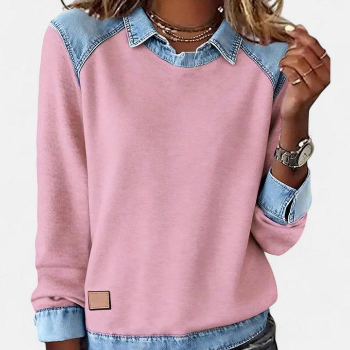 Women's Denim Collar Long Sleeve Knit Sweater Top - Pink