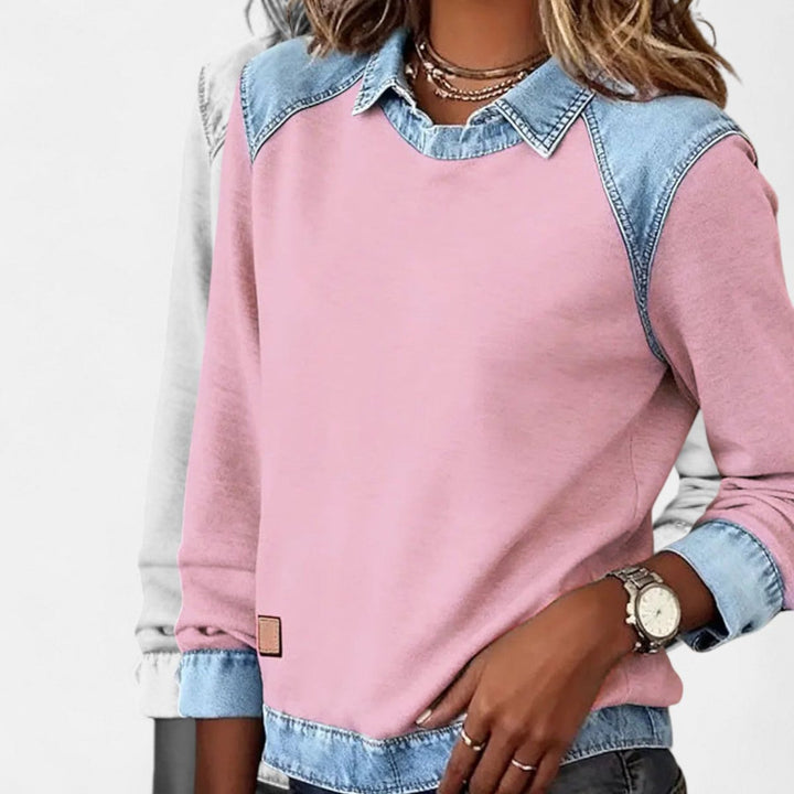 Women's Denim Collar Long Sleeve Knit Sweater Top