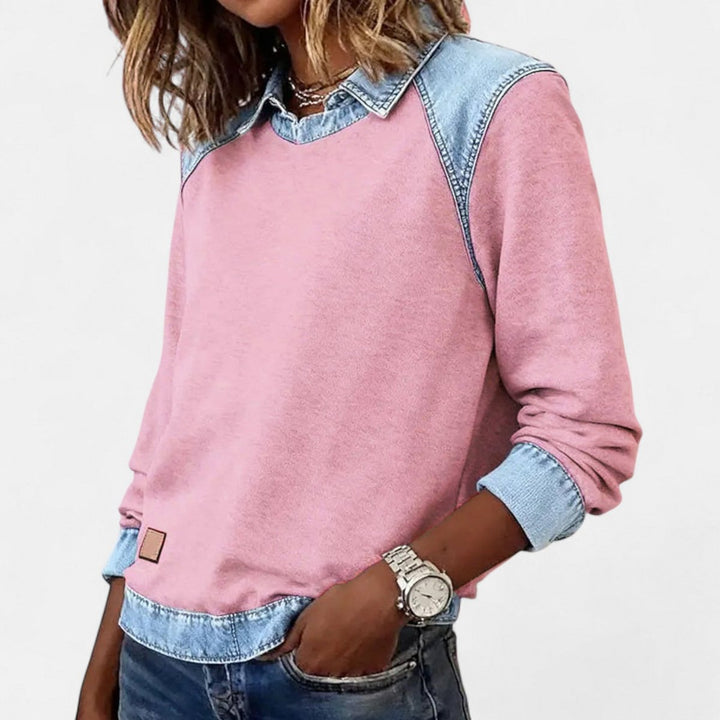 Women's Denim Collar Long Sleeve Knit Sweater Top