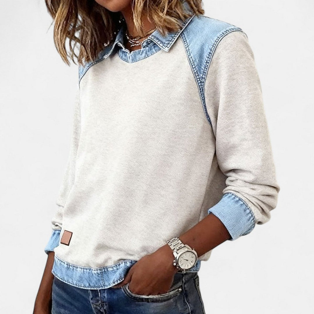 Women's Denim Collar Long Sleeve Knit Sweater Top