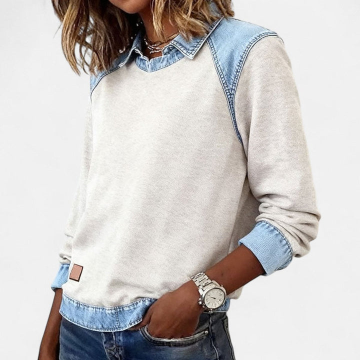 Women's Denim Collar Long Sleeve Knit Sweater Top