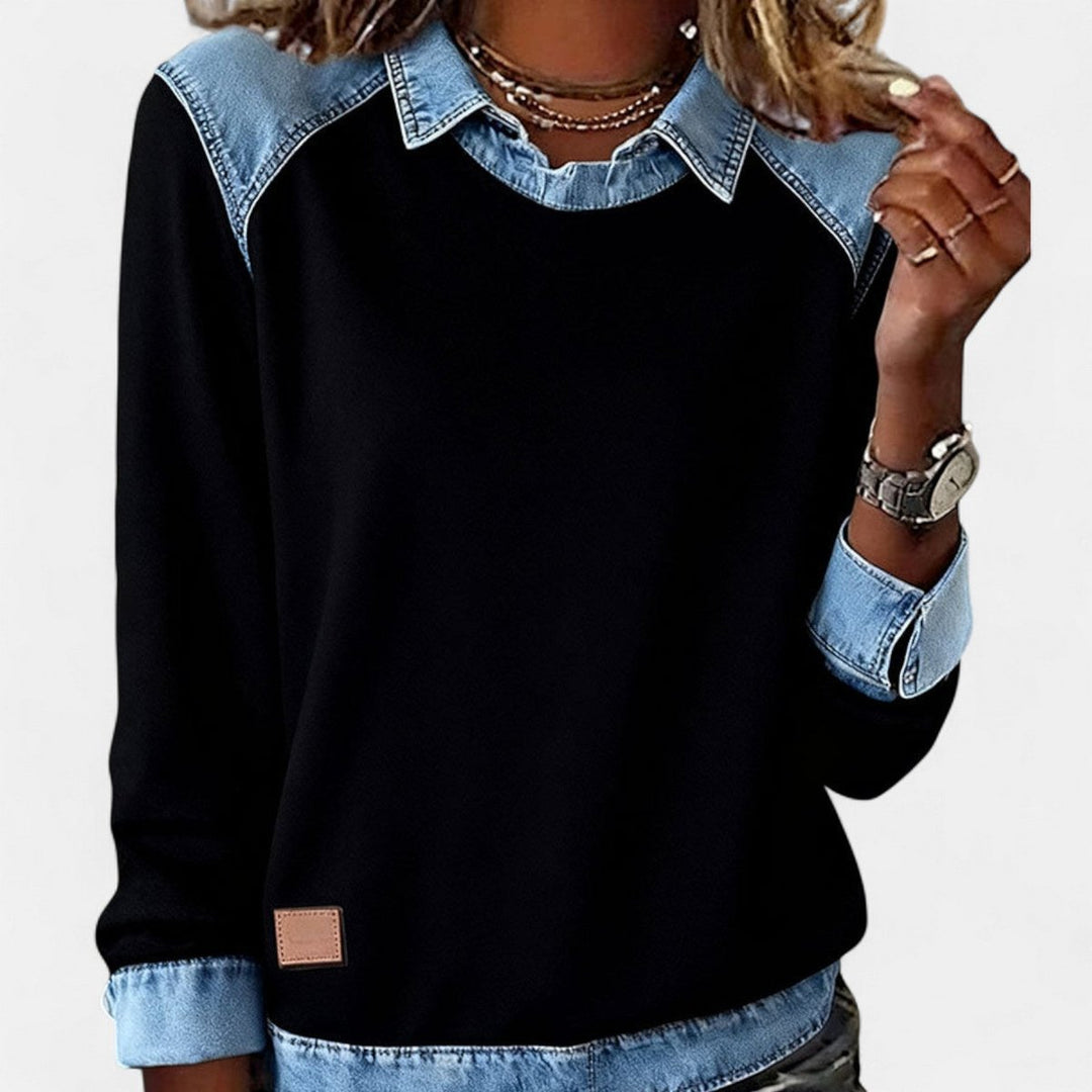 Women's Denim Collar Long Sleeve Knit Sweater Top - Black