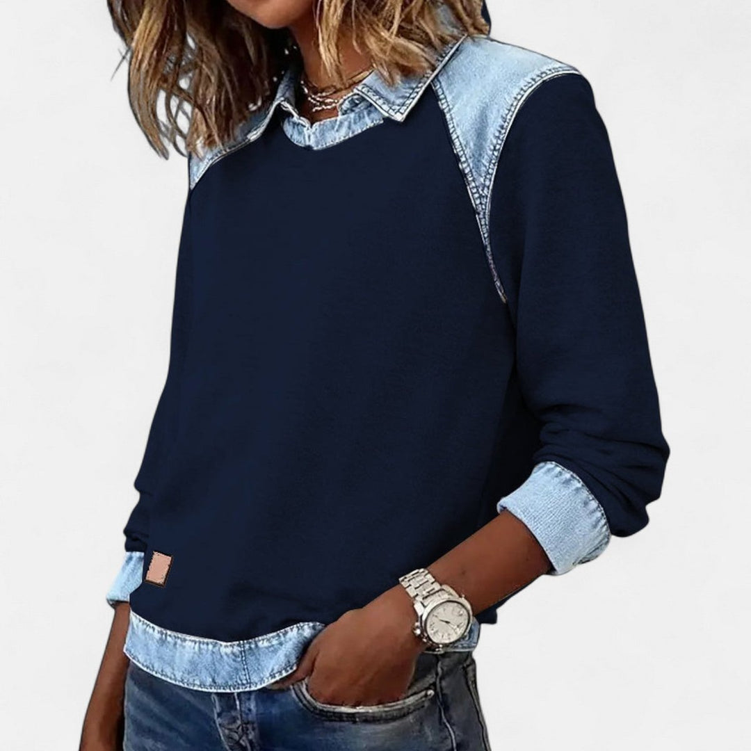 Women's Denim Collar Long Sleeve Knit Sweater Top
