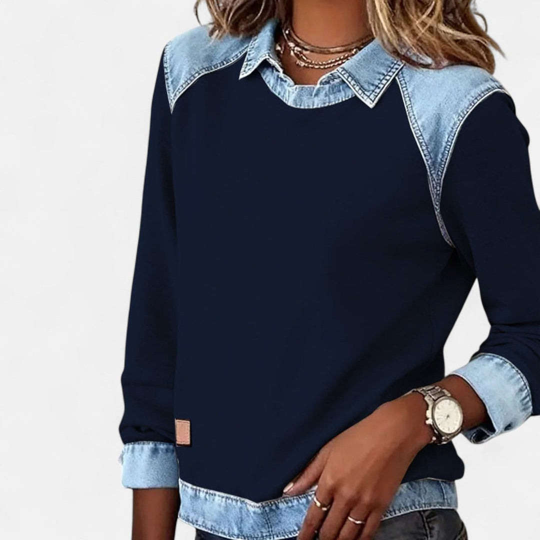 Women's Denim Collar Long Sleeve Knit Sweater Top - Navy Blue