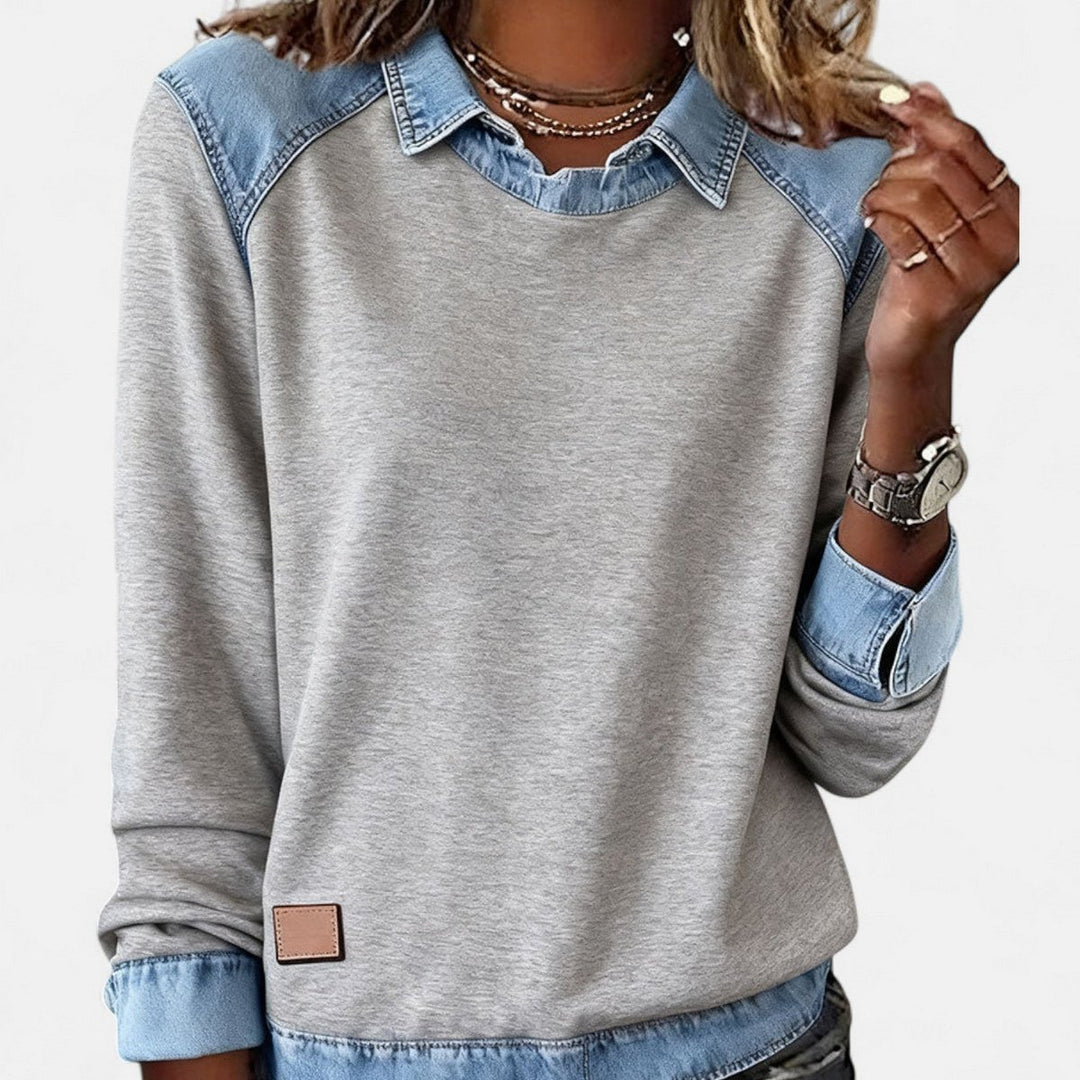 Women's Denim Collar Long Sleeve Knit Sweater Top - Gray
