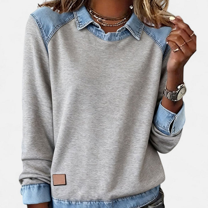 Women's Denim Collar Long Sleeve Knit Sweater Top - Gray