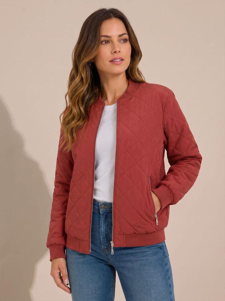Women's Diamond Quilted Bomber Jacket Zip-Up Ribbed-Cuff - Red