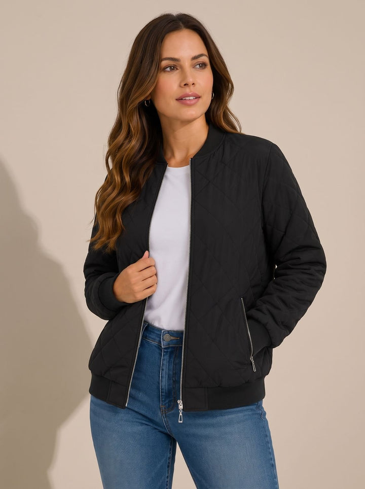 Women's Diamond Quilted Bomber Jacket Zip-Up Ribbed-Cuff - Black