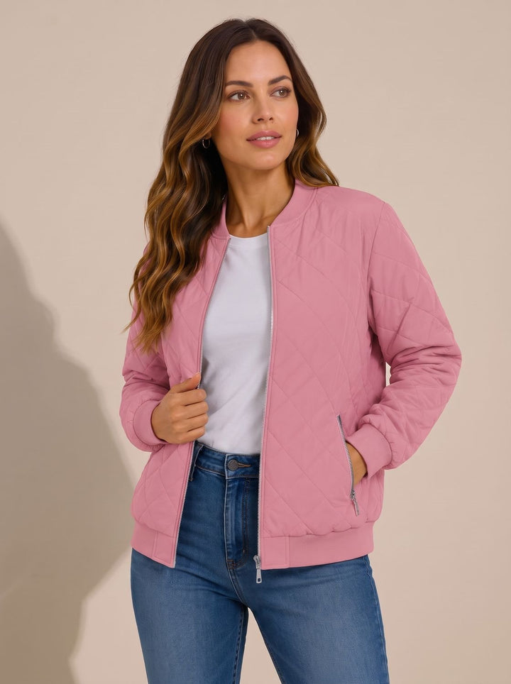 Women's Diamond Quilted Bomber Jacket Zip-Up Ribbed-Cuff - Pink