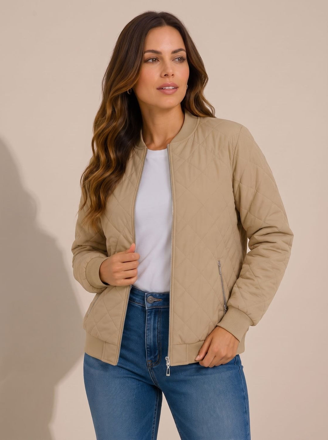 Women's Diamond Quilted Bomber Jacket Zip-Up Ribbed-Cuff - Beige