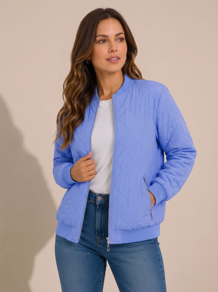 Women's Diamond Quilted Bomber Jacket Zip-Up Ribbed-Cuff - Navy Purple