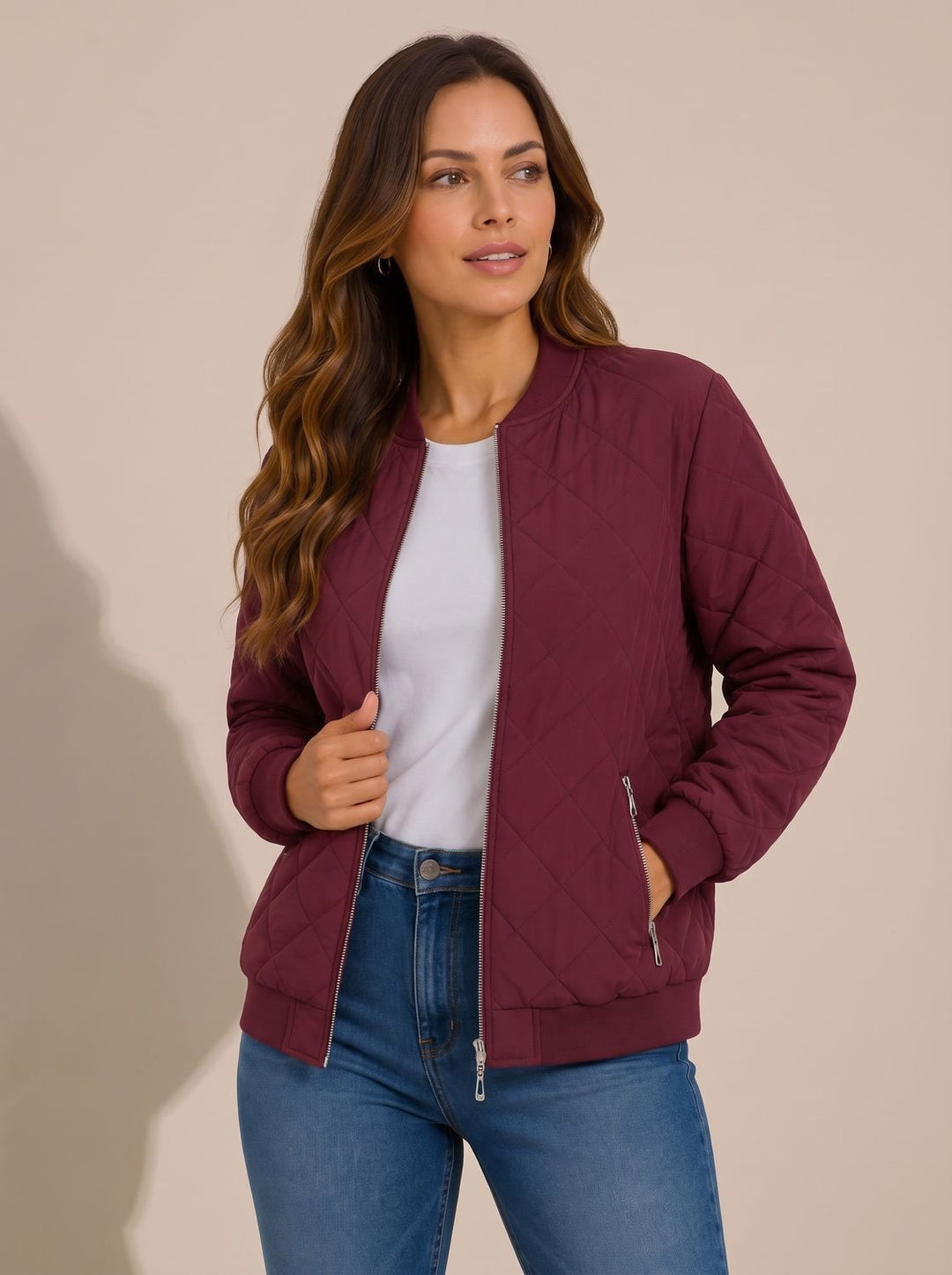 Women's Diamond Quilted Bomber Jacket Zip-Up Ribbed-Cuff - Red Carpet