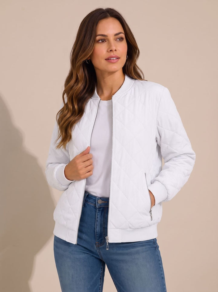 Women's Diamond Quilted Bomber Jacket Zip-Up Ribbed-Cuff - White