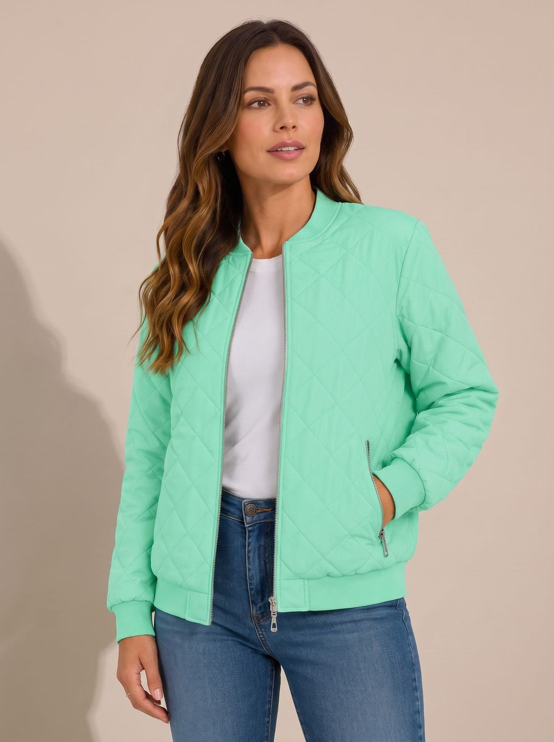 Women's Diamond Quilted Bomber Jacket Zip-Up Ribbed-Cuff - Light Green
