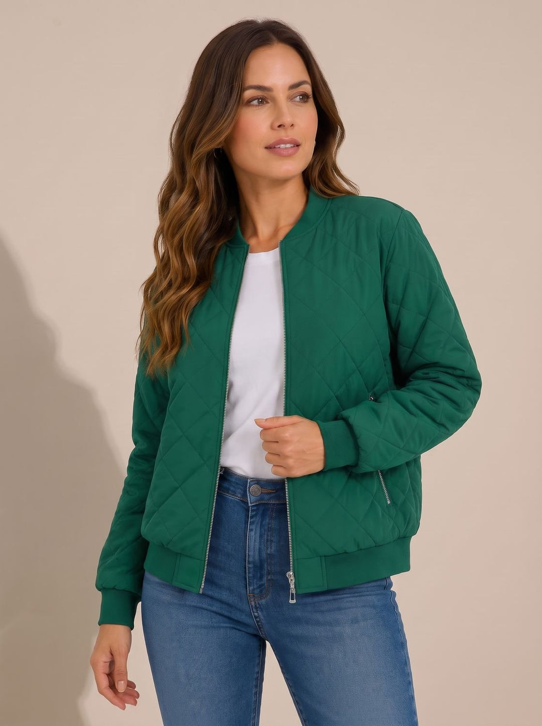 Women's Diamond Quilted Bomber Jacket Zip-Up Ribbed-Cuff - Green