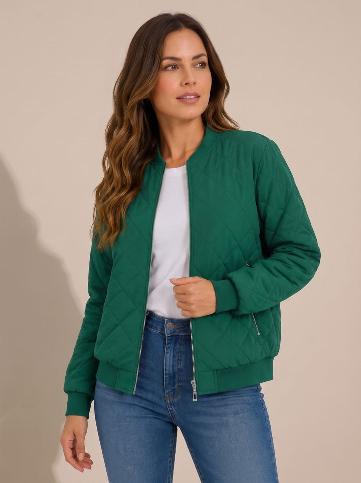 Women's Diamond Quilted Bomber Jacket Zip-Up Ribbed-Cuff - Green
