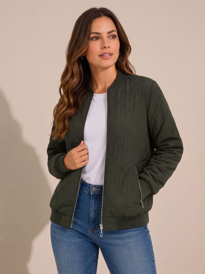 Women's Diamond Quilted Bomber Jacket Zip-Up Ribbed-Cuff - Olive Green