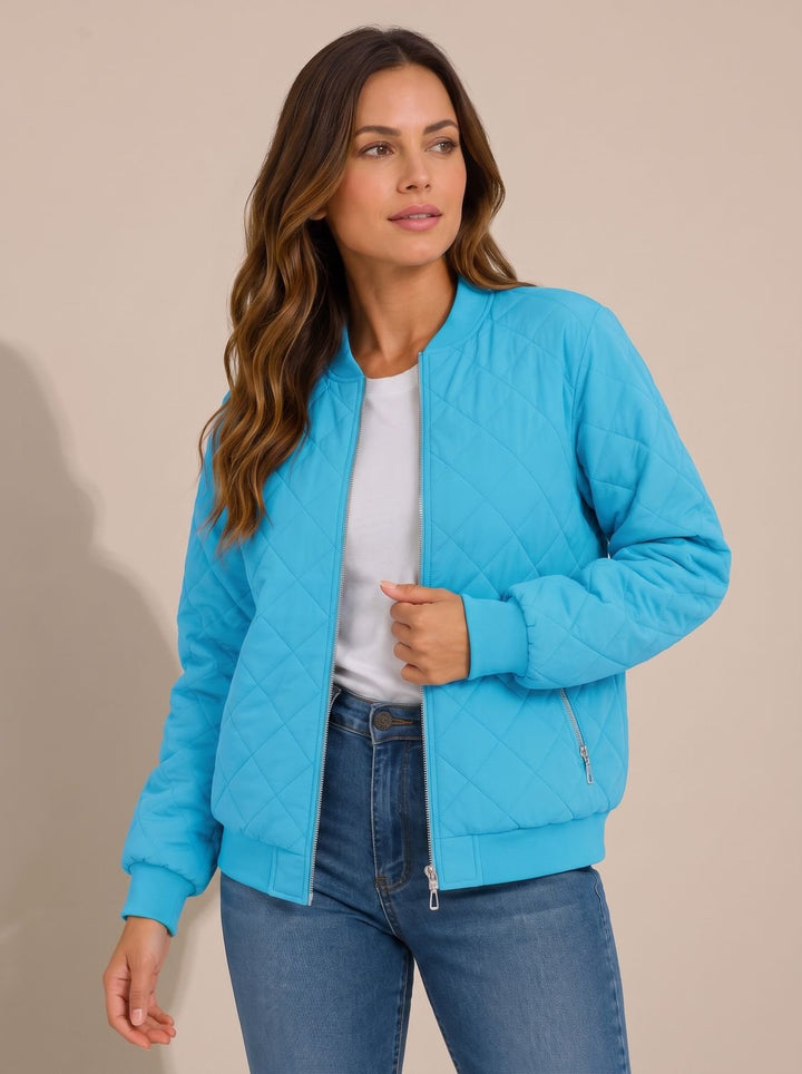 Women's Diamond Quilted Bomber Jacket Zip-Up Ribbed-Cuff - Baby Blue
