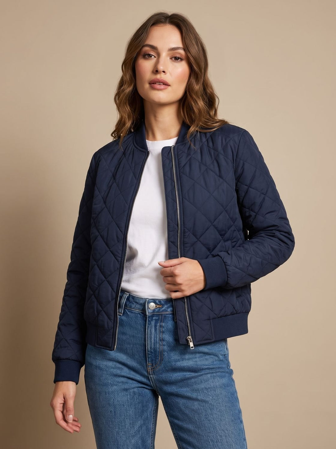 Women's Diamond Quilted Bomber Jacket Zip-Up Ribbed-Cuff - Navy