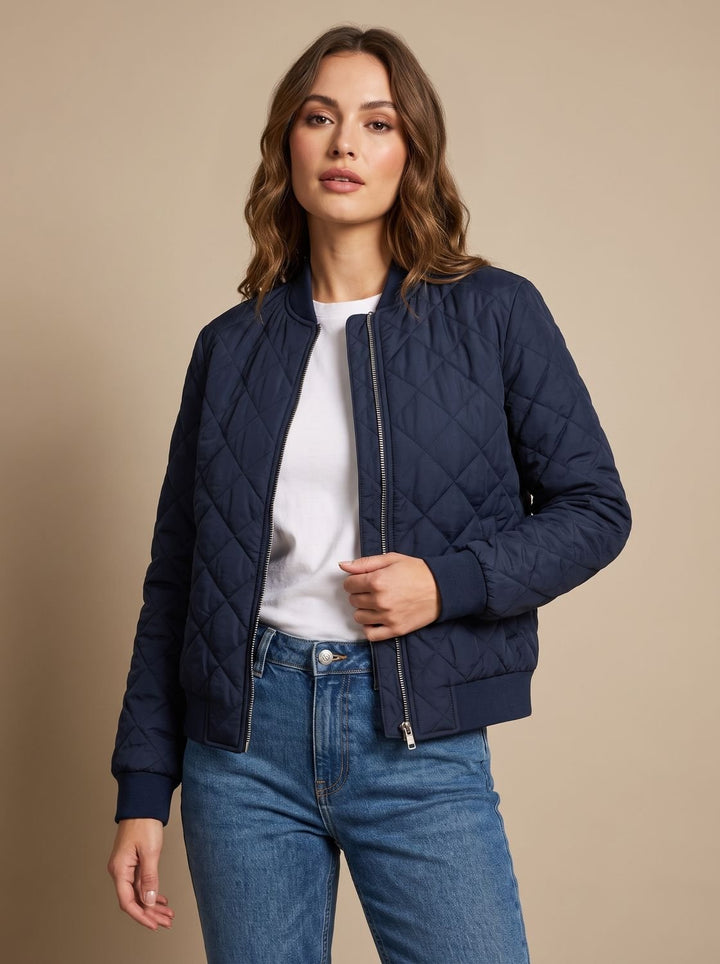 Women's Diamond Quilted Bomber Jacket Zip-Up Ribbed-Cuff - Navy