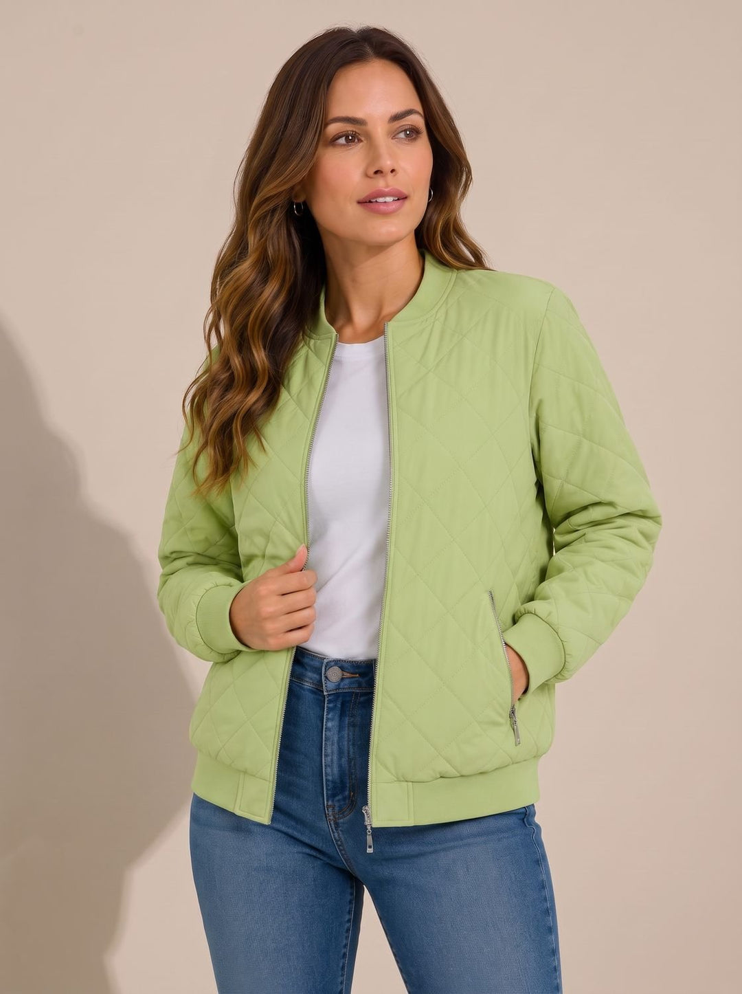 Women's Diamond Quilted Bomber Jacket Zip-Up Ribbed-Cuff - Soft Lime Green