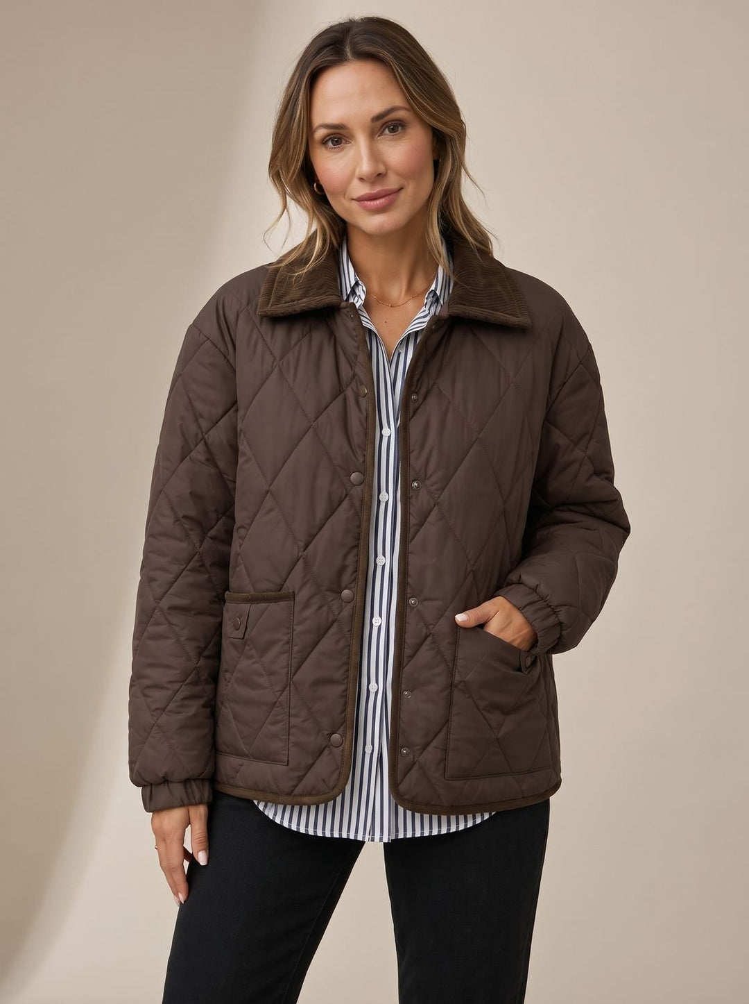 Women's Diamond Quilted Corduroy Collar Snap-Front Jacket - Brown