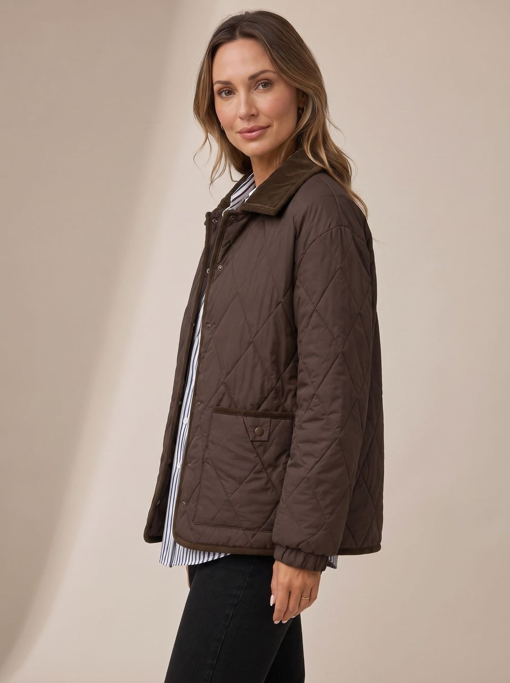 Women's Diamond Quilted Corduroy Collar Snap-Front Jacket