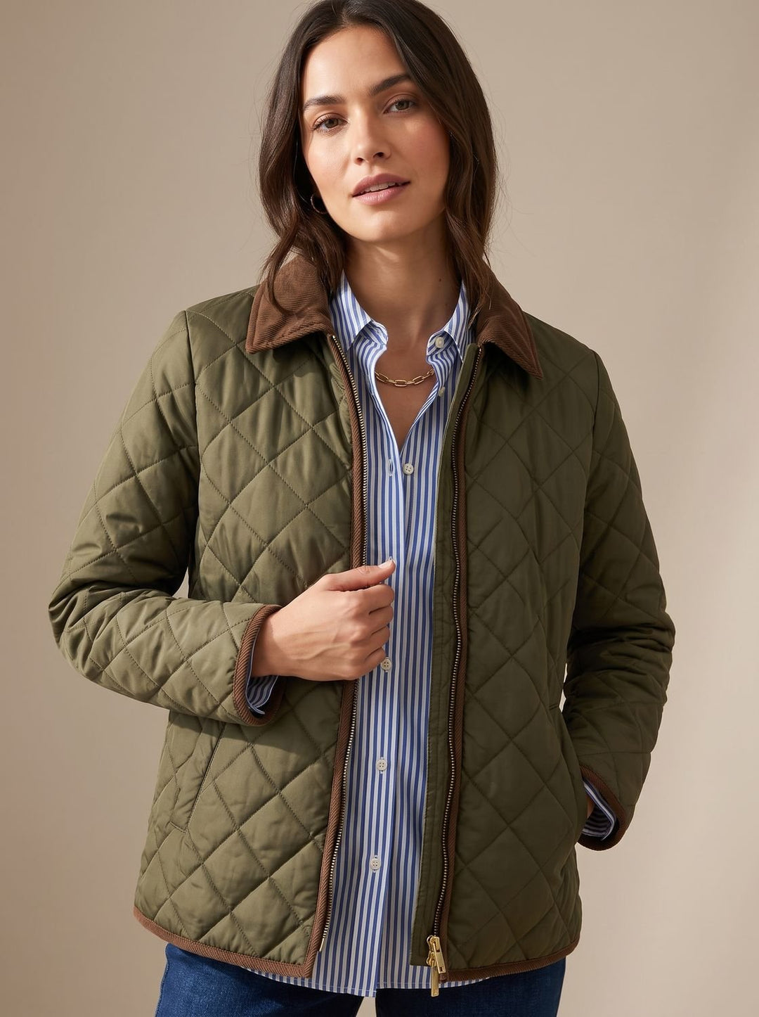 Women's Diamond Quilted Corduroy Collar Snap-Front Jacket - Green