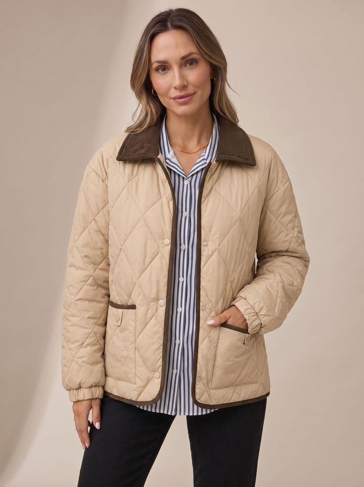 Women's Diamond Quilted Corduroy Collar Snap-Front Jacket - Beige
