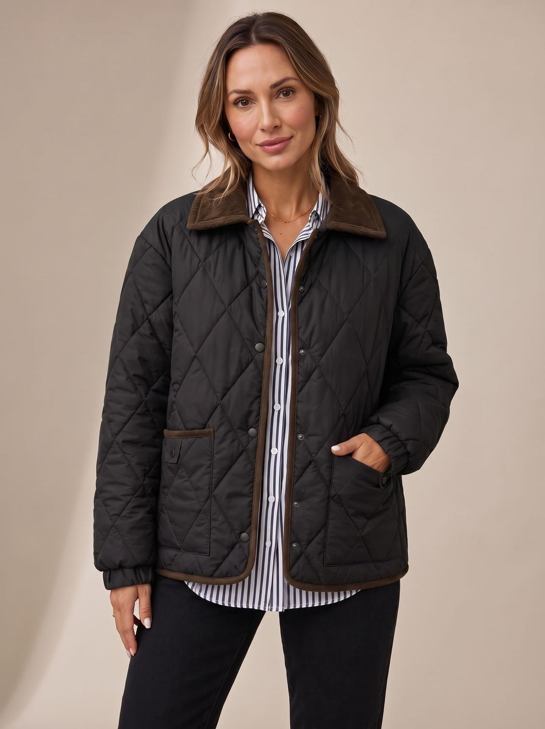 Women's Diamond Quilted Corduroy Collar Snap-Front Jacket - Black