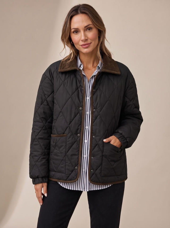 Women's Diamond Quilted Corduroy Collar Snap-Front Jacket - Black
