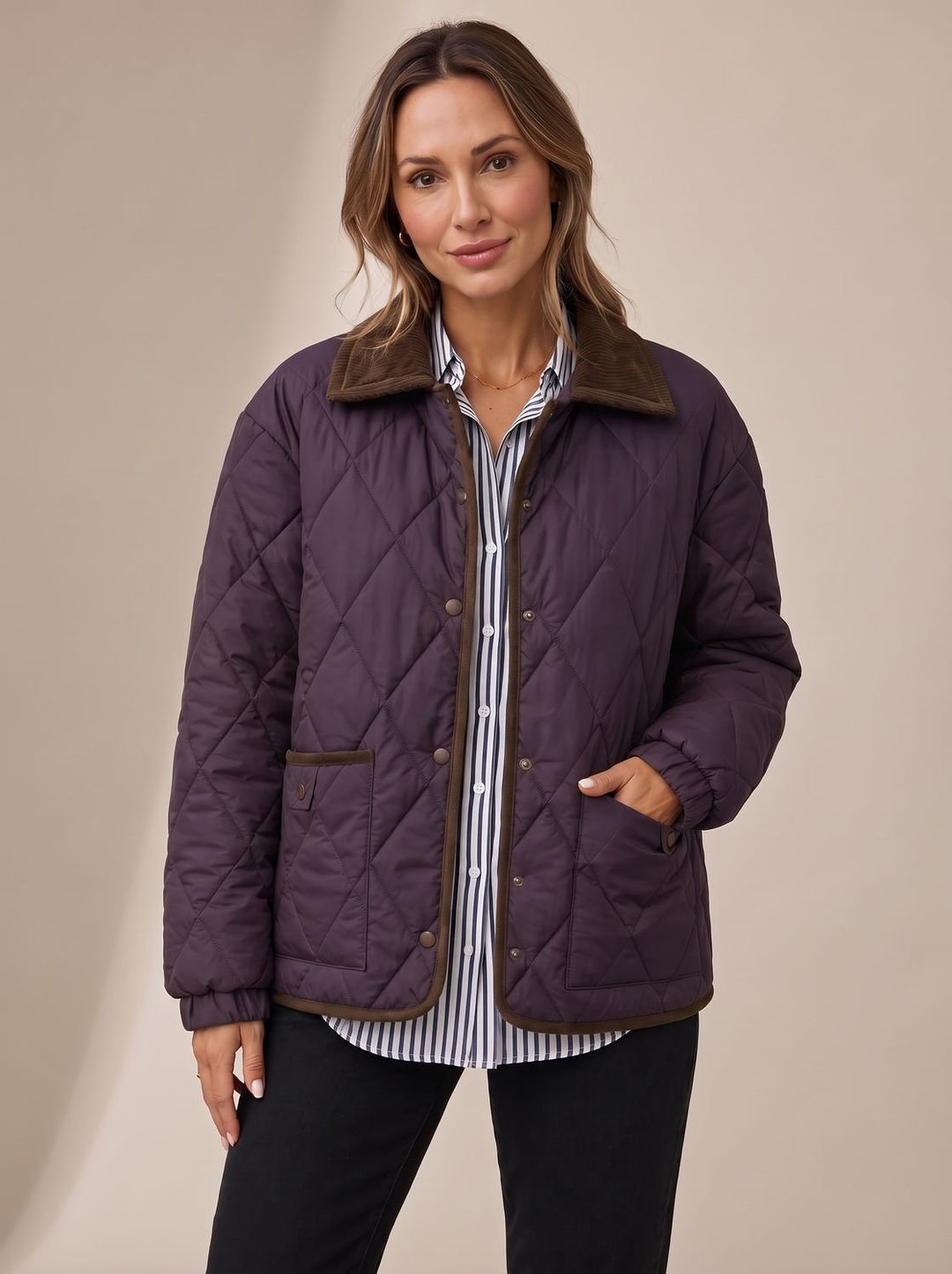 Women's Diamond Quilted Corduroy Collar Snap-Front Jacket - Purple