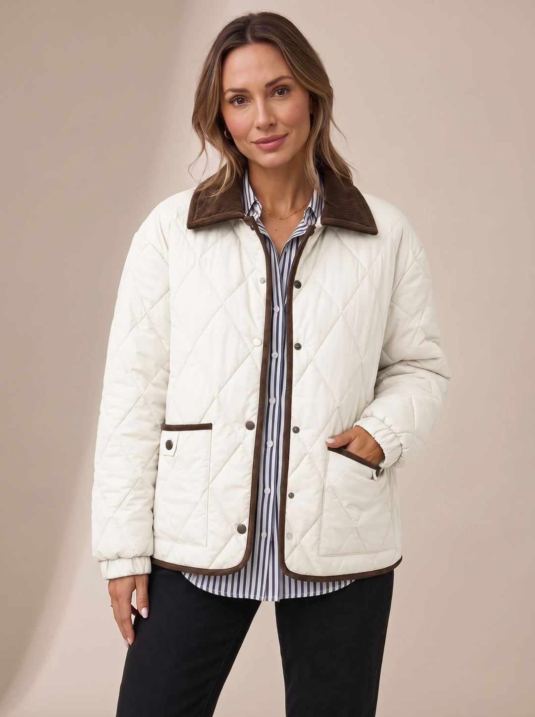 Women's Diamond Quilted Corduroy Collar Snap-Front Jacket - White