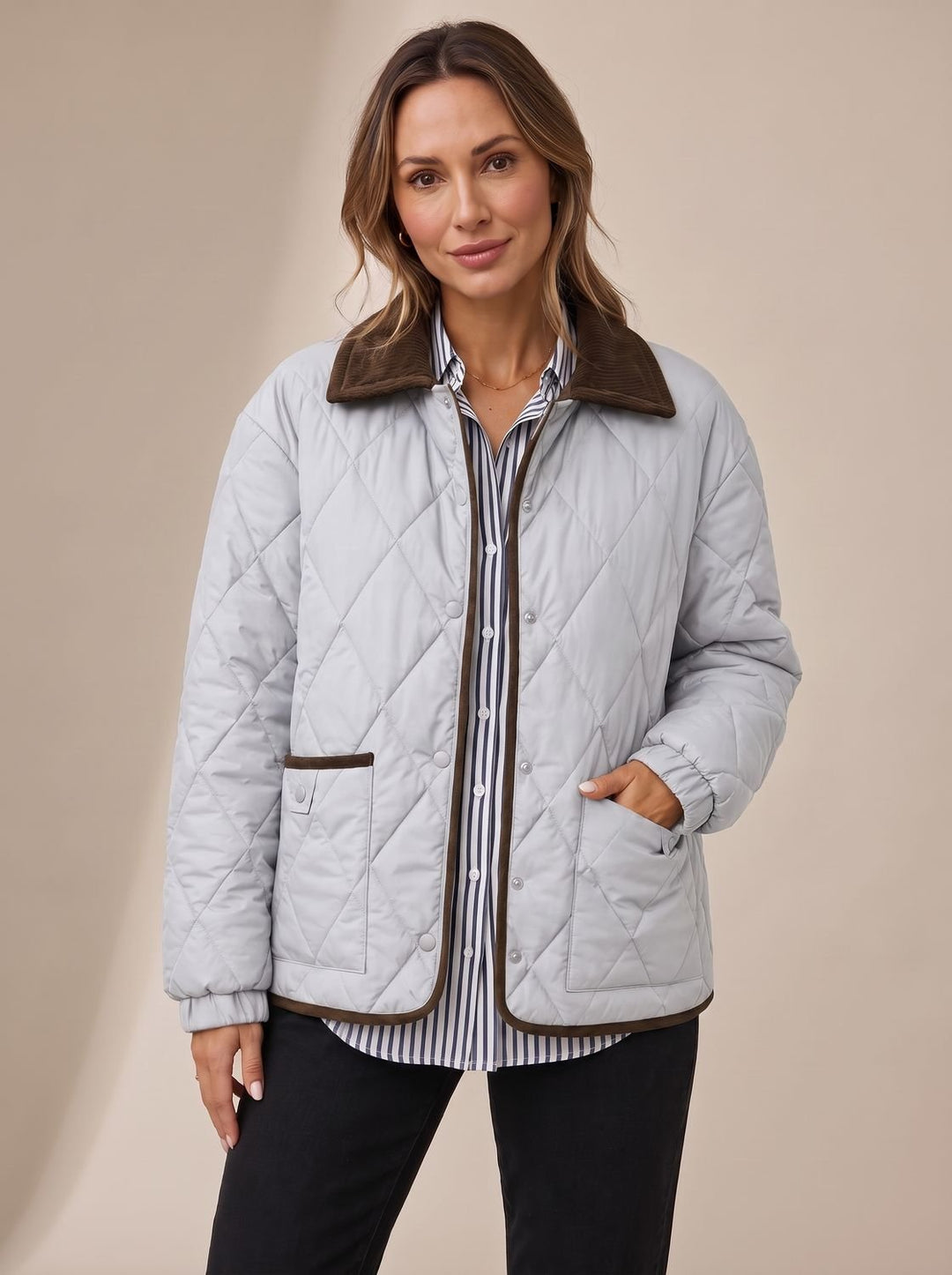Women's Diamond Quilted Corduroy Collar Snap-Front Jacket - Gray